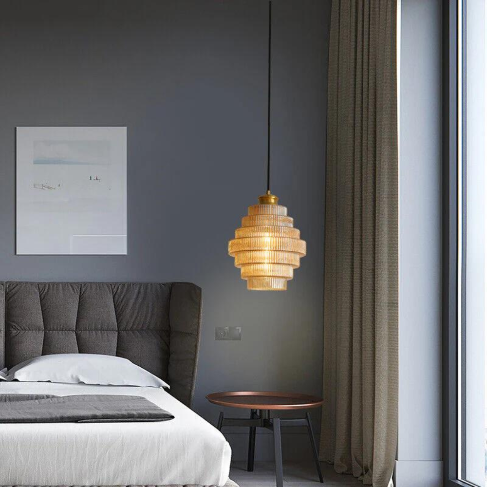 Hanglamp van messing en geribbeld glas - Vintage retro eetkamerlamp