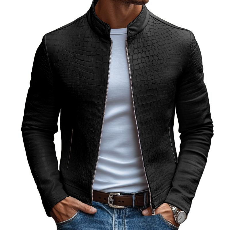 Slim fit leren jas met stenen patroon, opstaande kraag en rits voor heren