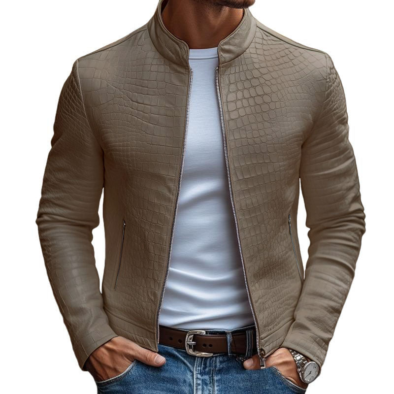 Slim fit leren jas met stenen patroon, opstaande kraag en rits voor heren