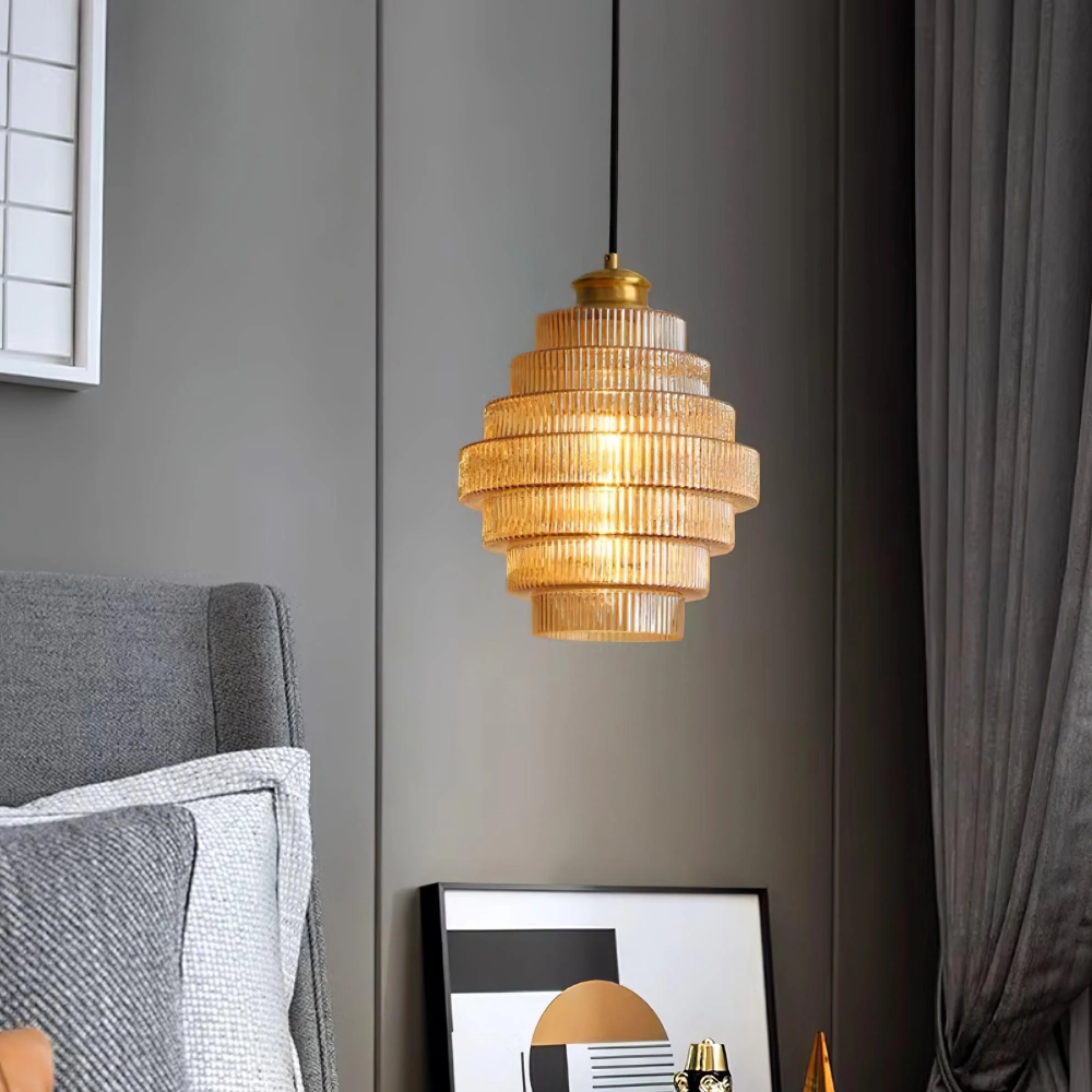 Hanglamp van messing en geribbeld glas - Vintage retro eetkamerlamp