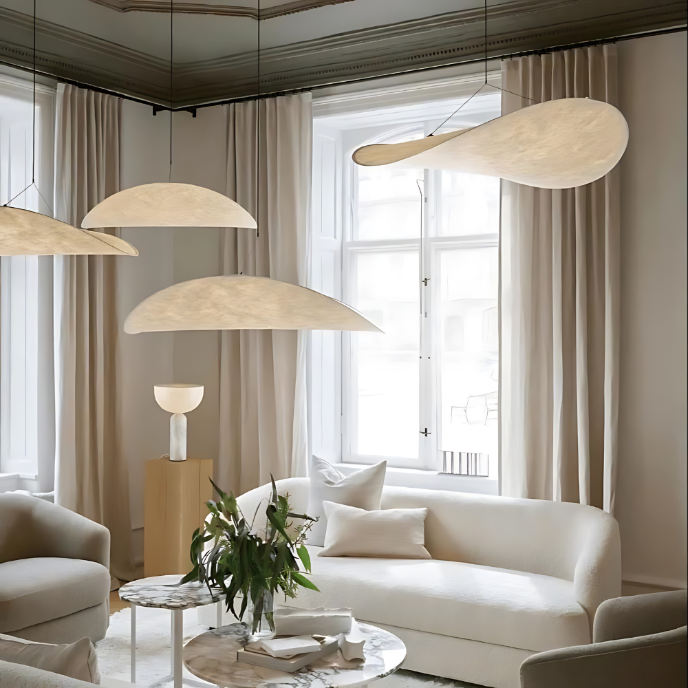 Japandi stoffen hanglamp – sculpturale sfeerverlichting van zijde