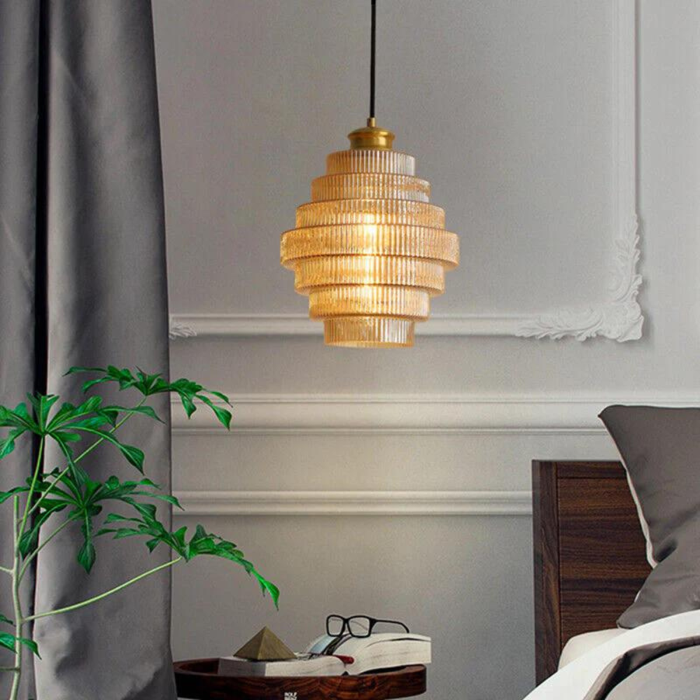 Hanglamp van messing en geribbeld glas - Vintage retro eetkamerlamp