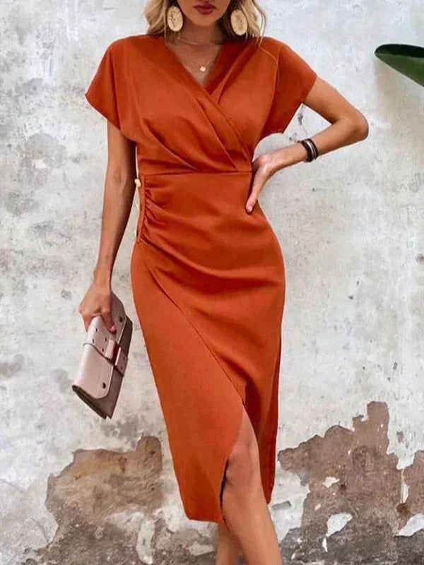 Olivia Jurk - Oranje V-Hals Midi Jurk met Split