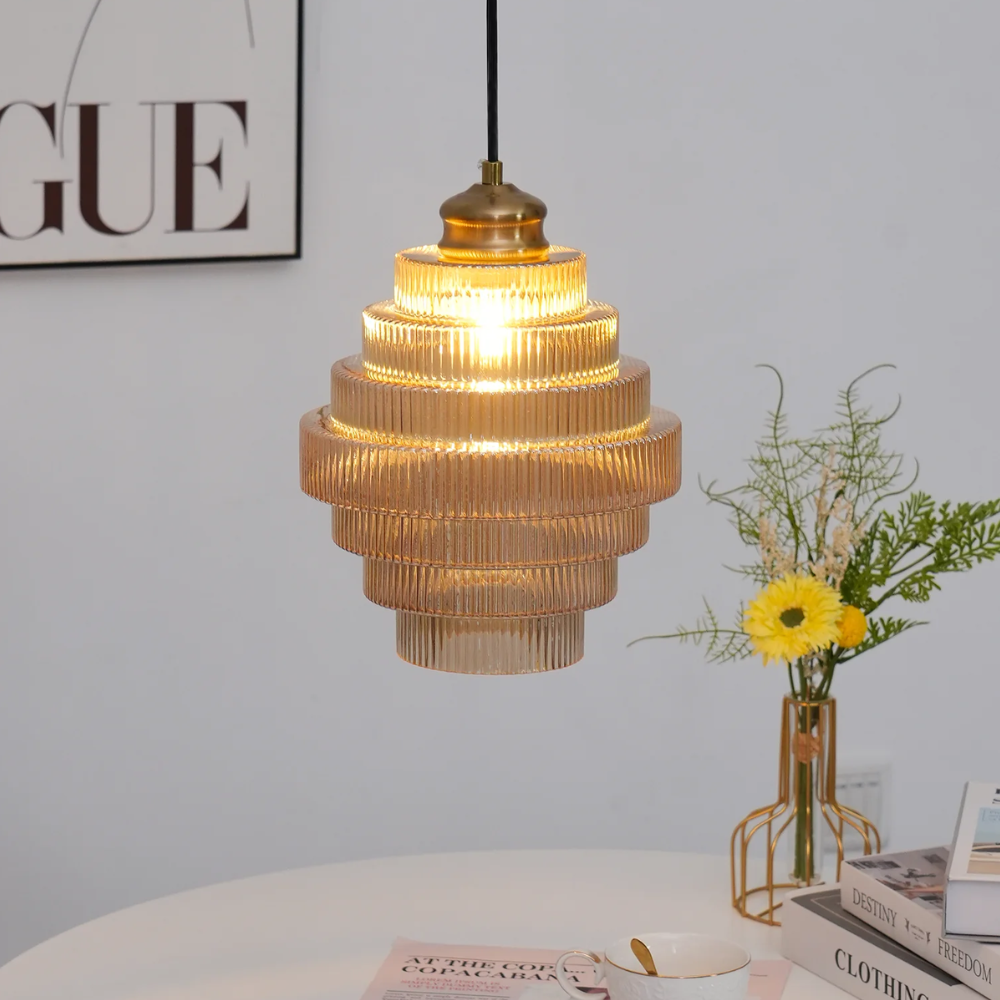 Hanglamp van messing en geribbeld glas - Vintage retro eetkamerlamp