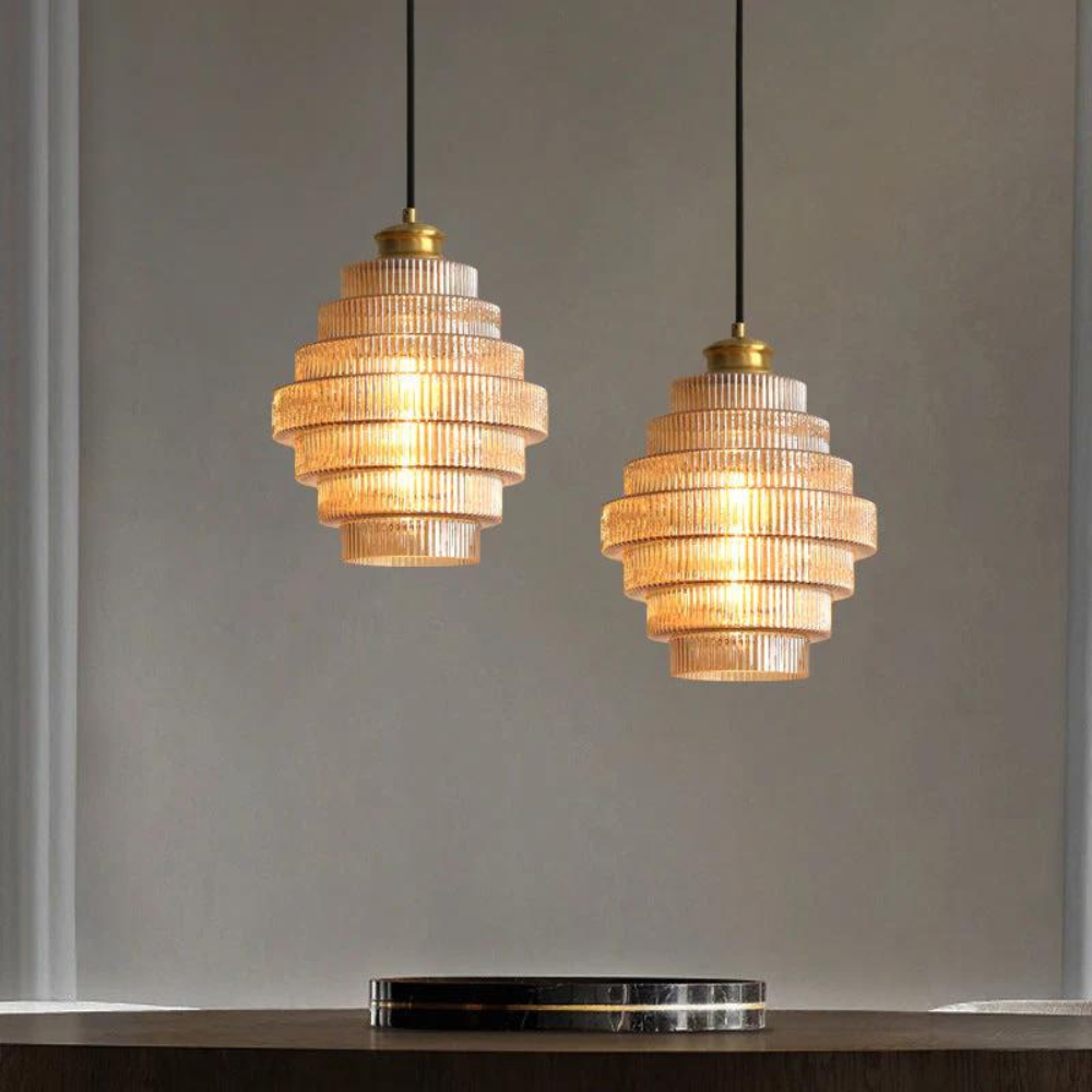 Hanglamp van messing en geribbeld glas - Vintage retro eetkamerlamp