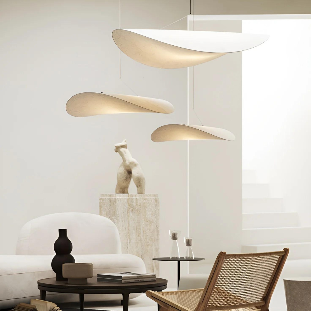 Japandi stoffen hanglamp – sculpturale sfeerverlichting van zijde