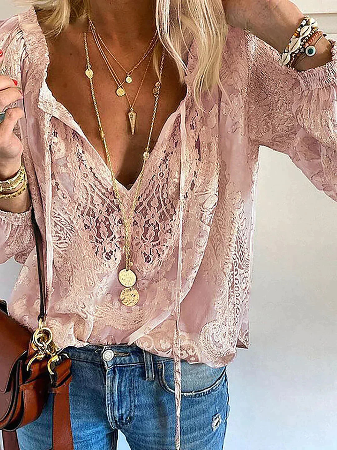 Helena - Chiffon Blouse met Lange Mouwen en V-Hals voor Dames