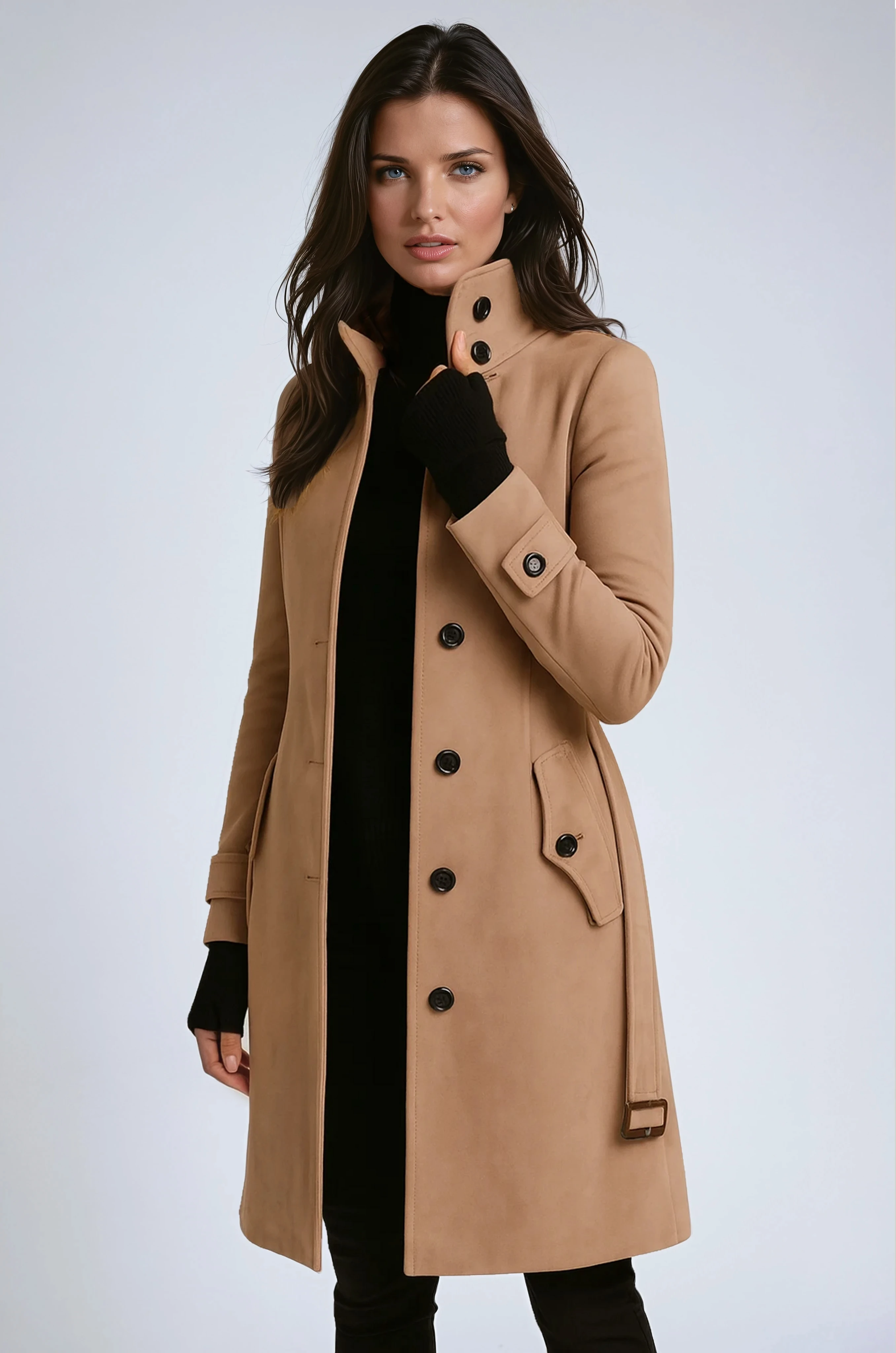 Dames | Lange trenchcoat met hoge kraag en praktische zakken 0