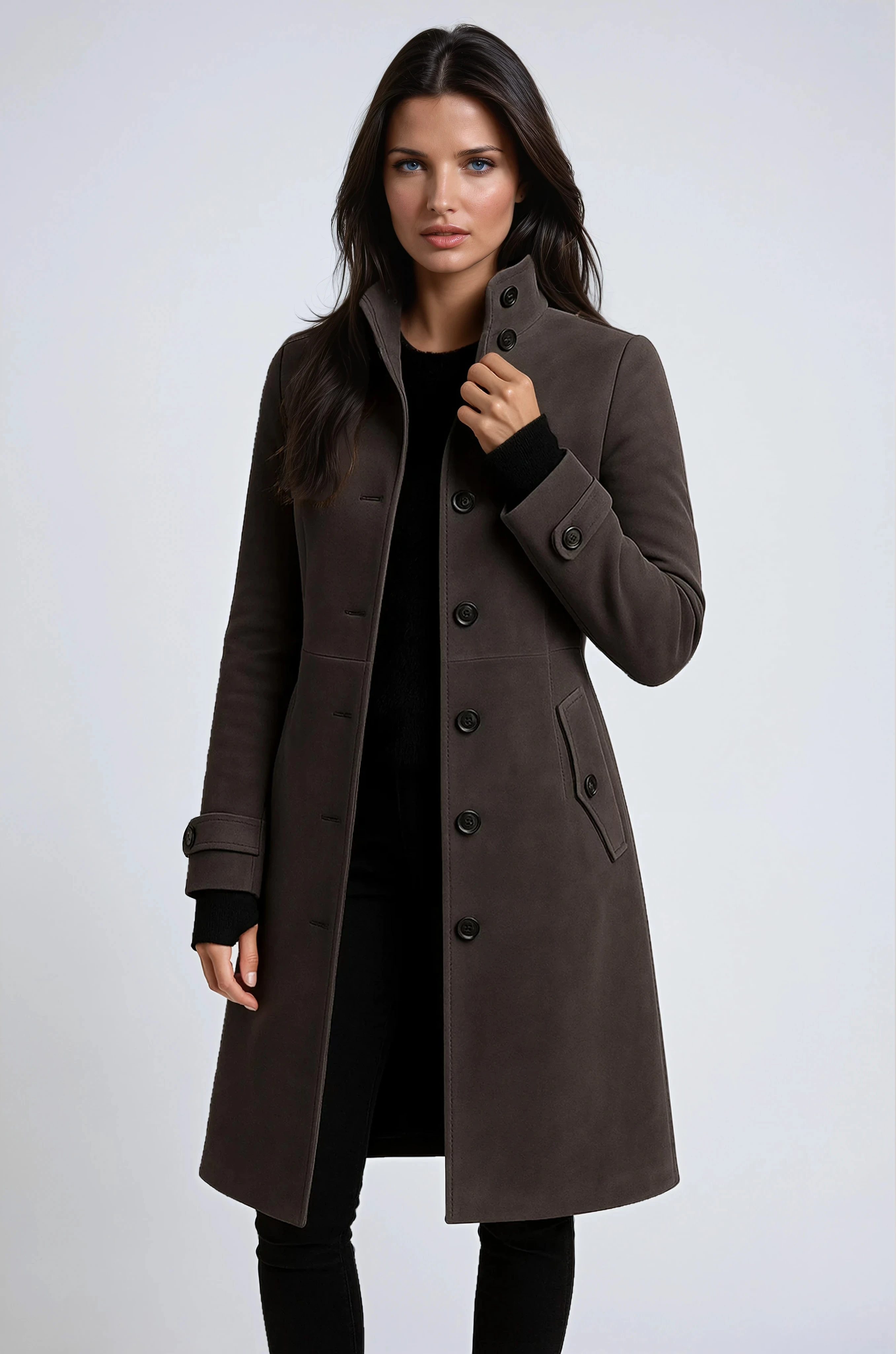 Dames | Lange trenchcoat met hoge kraag en praktische zakken 3
