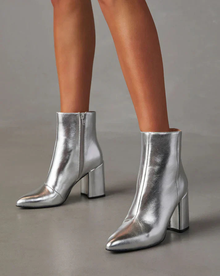 Dames enkellaarsjes met metallic look | Zilveren blokhak 0