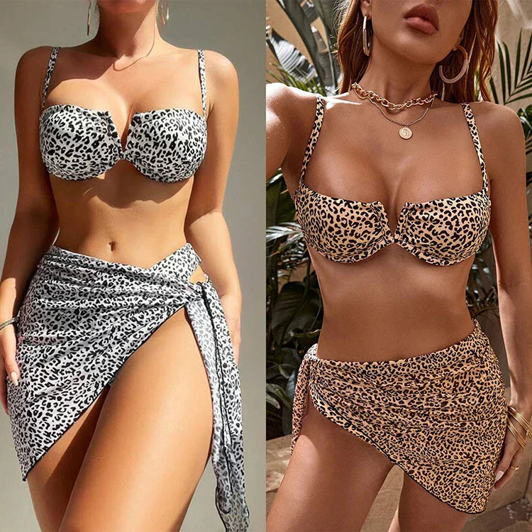 Anneroos - Driedelige Luipaardprint Bikini met Push-Up en Verstelbare Bandjes voor Dames
