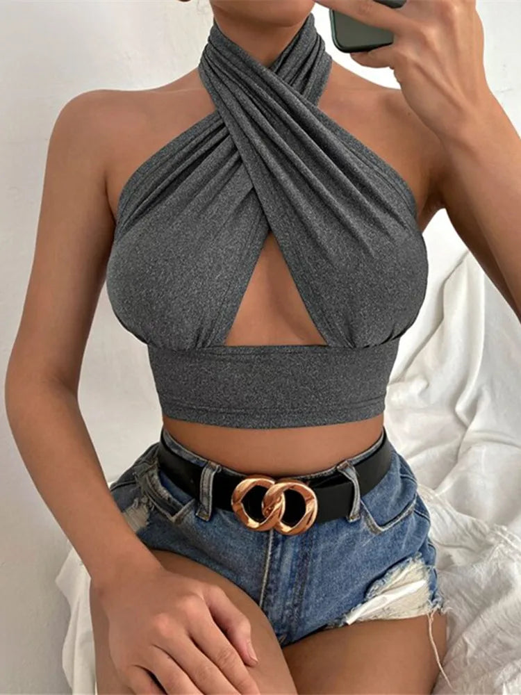 Xanthe - Dames Zomer Kruis Hals Halter Crop Top