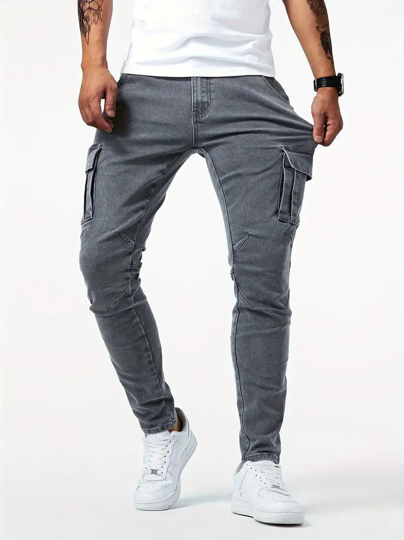 Heren | Stretch denim cargo broek met slanke pasvorm en meerdere zakken 2