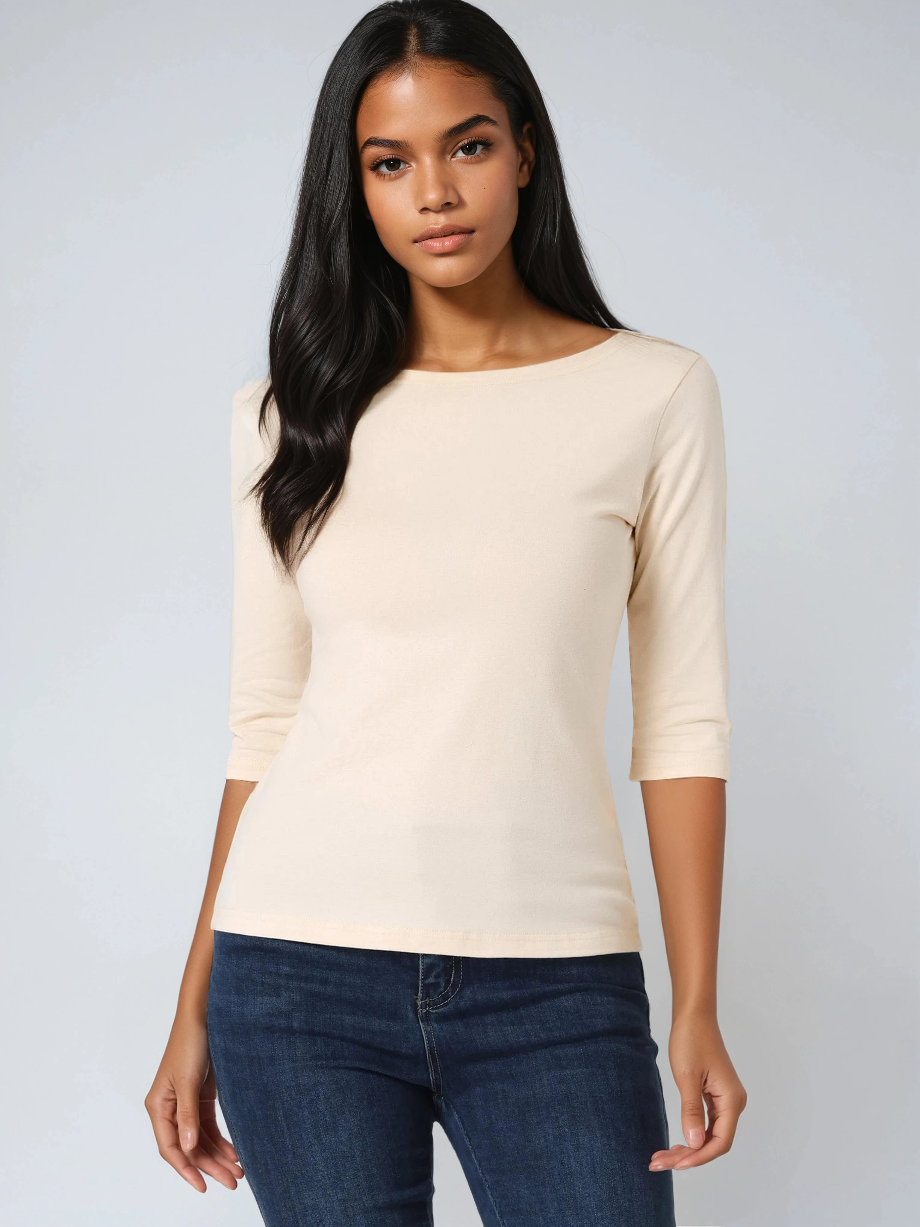 Shirt_Dames_Ronde_Hals_Basic_Driekwart_Mouwen_Victoria_Mae_Nederland_Belgie