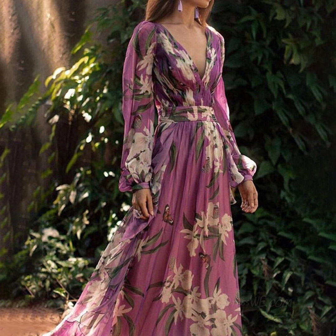 Geraffineerde en elegante maxi-jurk met bloemenprint, V-hals en lange mouwen