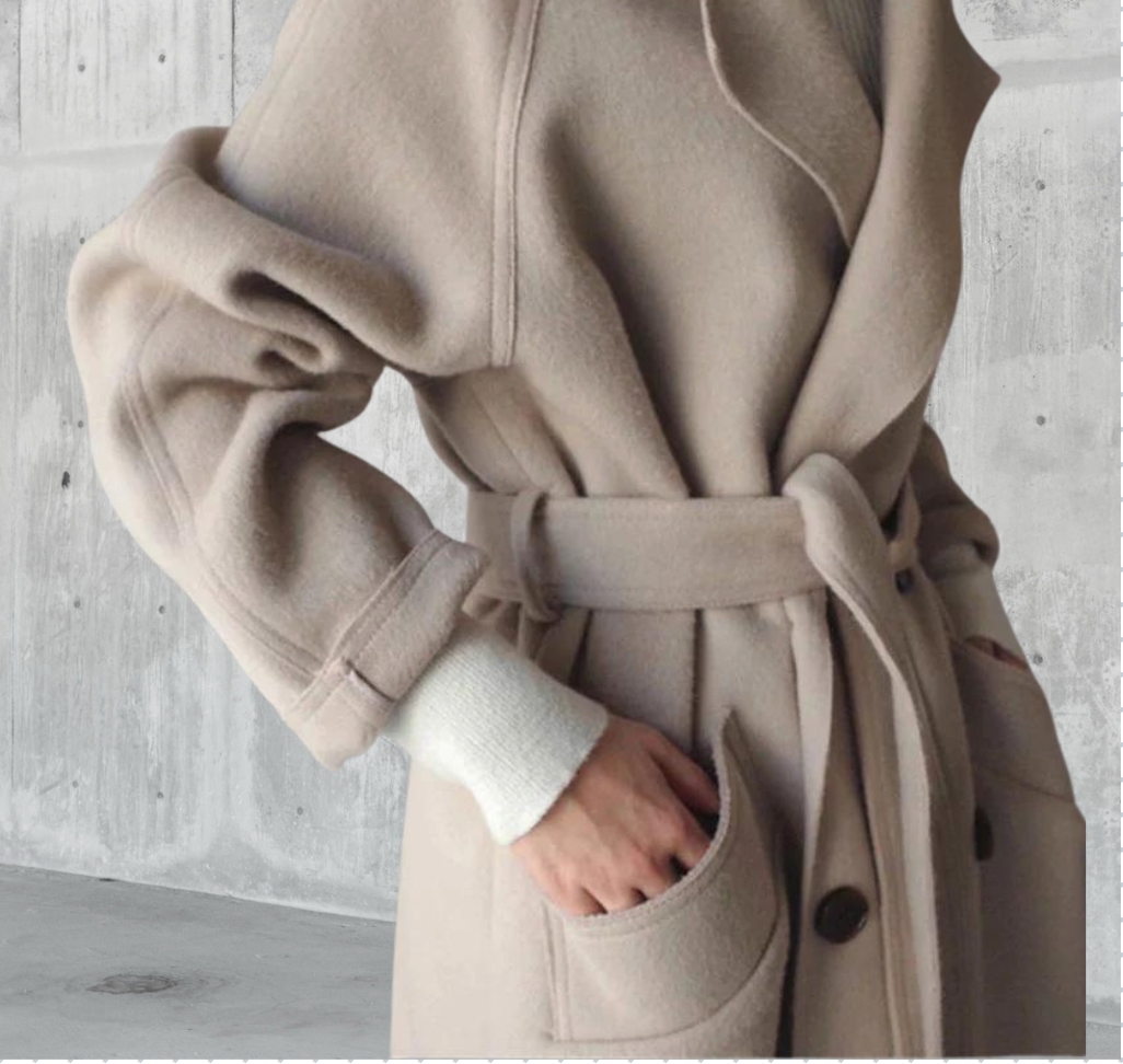 Lange wollen trenchcoat met riem en zakken – Klassieke dameskleding