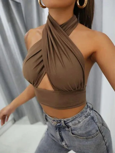 Xanthe - Dames Zomer Kruis Hals Halter Crop Top