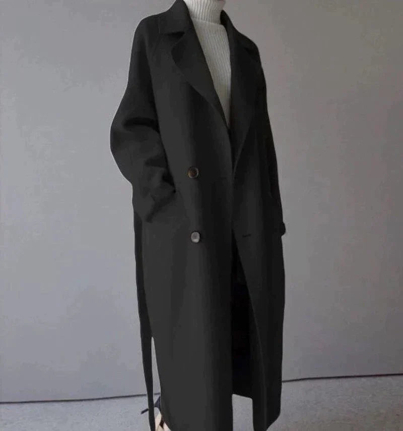 Lange wollen trenchcoat met riem en zakken – Klassieke dameskleding