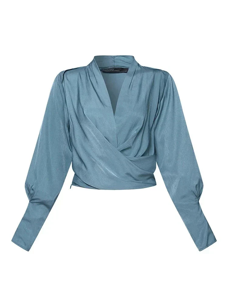 Blouse met V-hals en pofmouwen – Romantische top met taille-ac-centrering voor dames