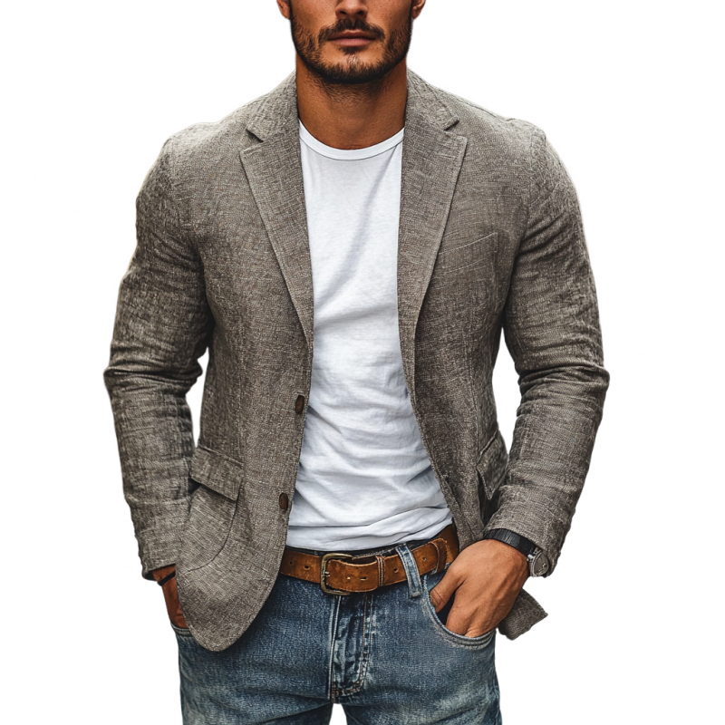 Zwarte Blazer | Slanke Pasvorm, Katoen-Linnenmix, Inkeping Revers 0