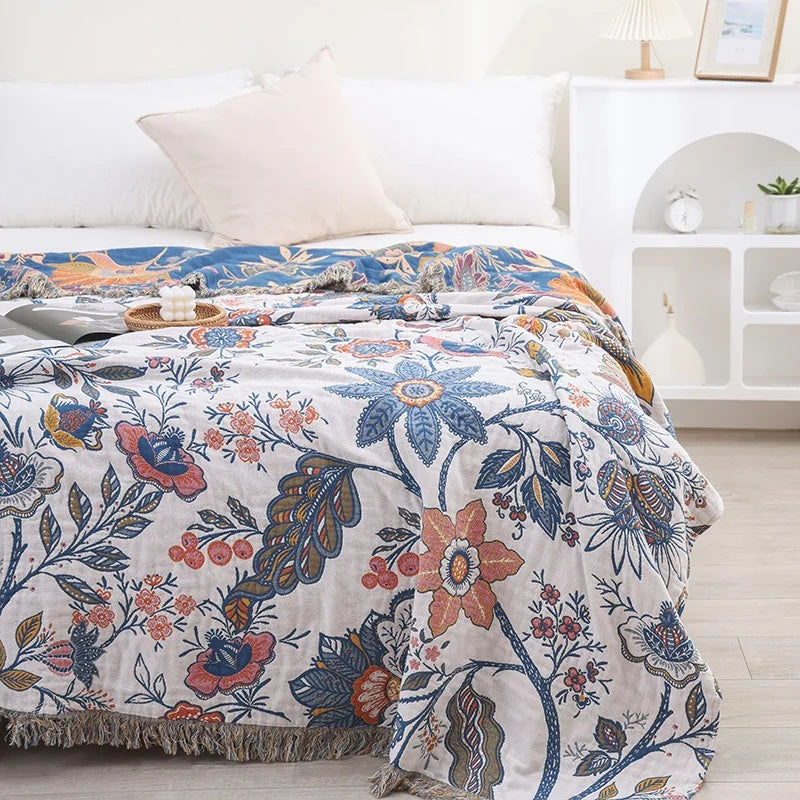 Omkeerbare katoenen jacquard deken met bloemenmotief – lichtgewicht decoratieve laag