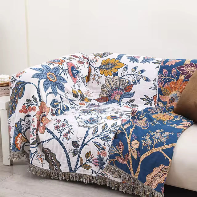 Omkeerbare katoenen jacquard deken met bloemenmotief – lichtgewicht decoratieve laag