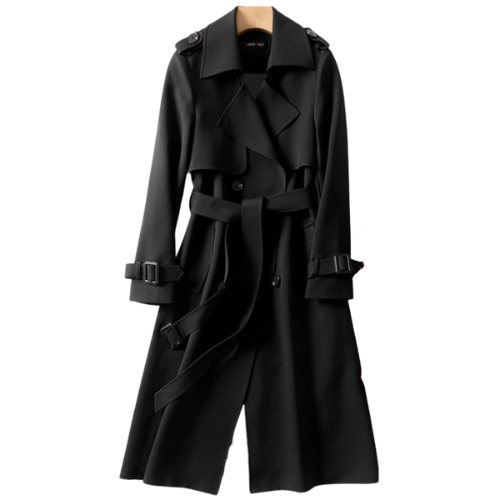 Lange trenchcoat met dubbele rij knopen en riem – elegante damesstijl