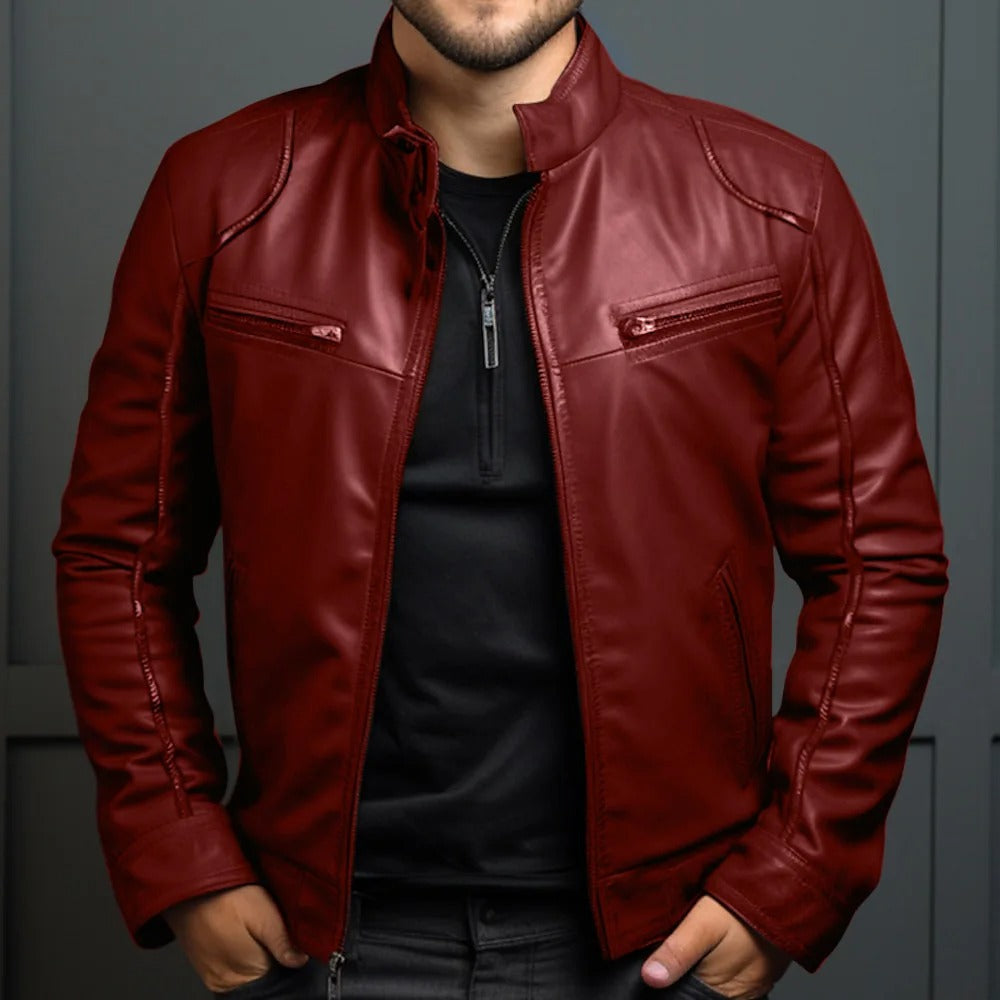 Leren jack in bikerstijl met opstaande kraag – robuuste herenkleding
