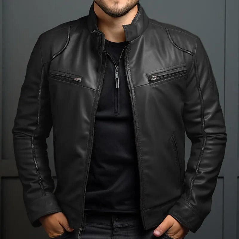 Leren jack in bikerstijl met opstaande kraag – robuuste herenkleding