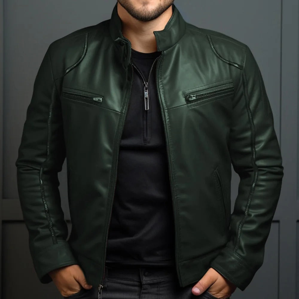 Leren jack in bikerstijl met opstaande kraag – robuuste herenkleding