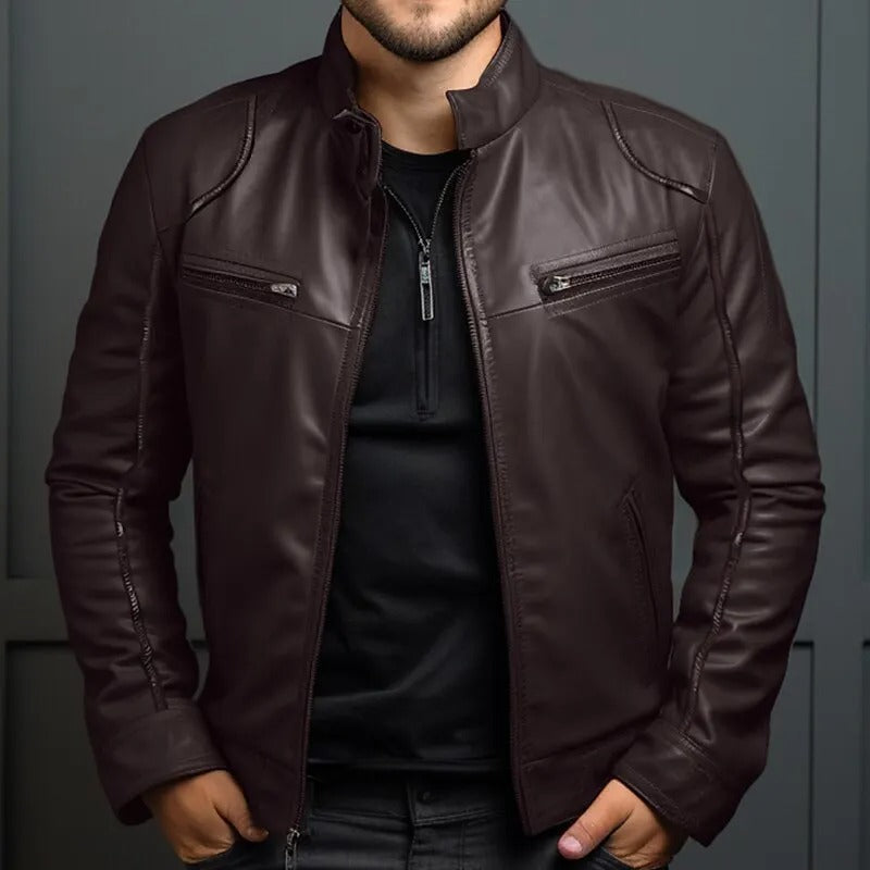 Leren jack in bikerstijl met opstaande kraag – robuuste herenkleding