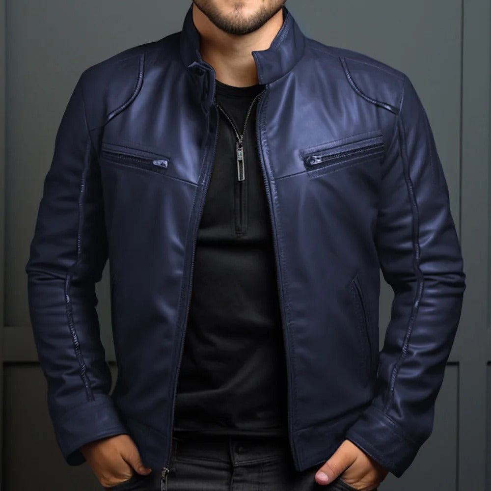 Leren jack in bikerstijl met opstaande kraag – robuuste herenkleding