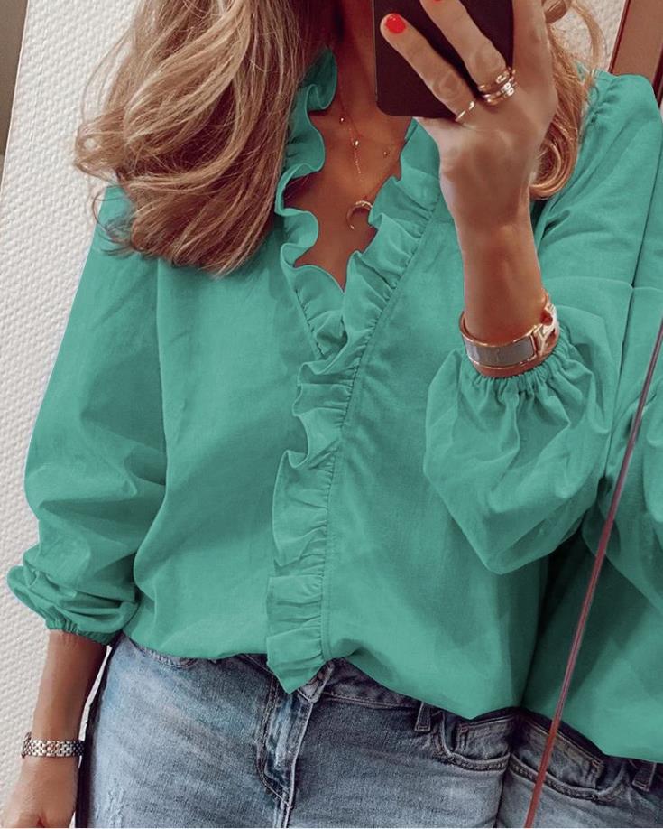 Romina - V-Hals Blouse met Lange Mouwen en Ruches voor Dames