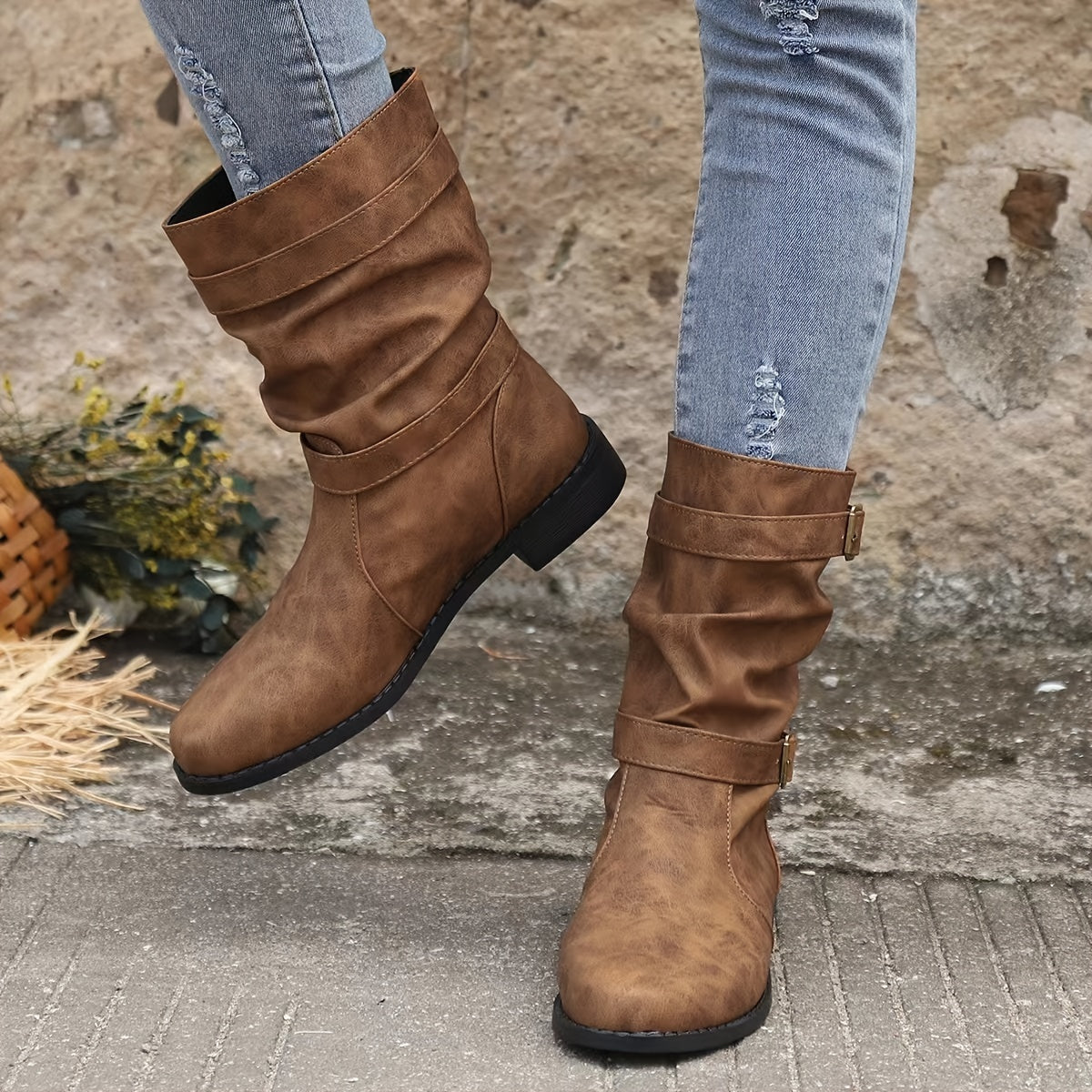 Sarah - Platte Slouchy Buckle Enkellaarsjes voor Dames