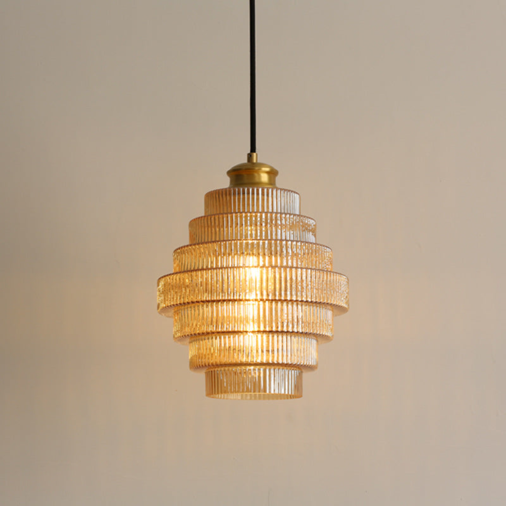 Hanglamp van messing en geribbeld glas - Vintage retro eetkamerlamp