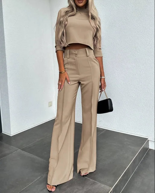 Brigitte - Elegante semi-fit topbroek met wijde pijpen en lange mouwen
