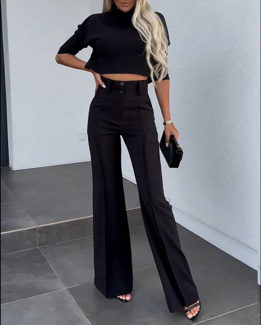 Brigitte - Elegante semi-fit topbroek met wijde pijpen en lange mouwen