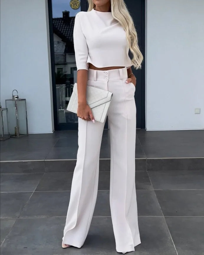 Brigitte - Elegante semi-fit topbroek met wijde pijpen en lange mouwen