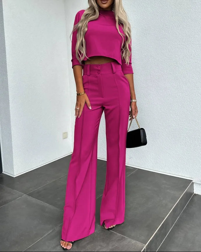 Brigitte - Elegante semi-fit topbroek met wijde pijpen en lange mouwen