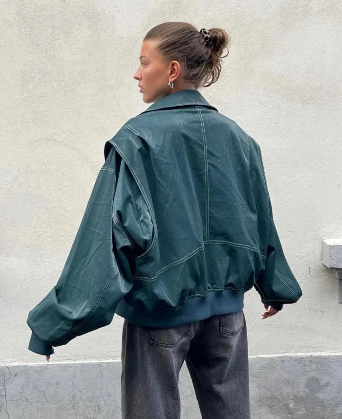 Evelyn – Oversized Vintage Jack met Leren Look voor Dames