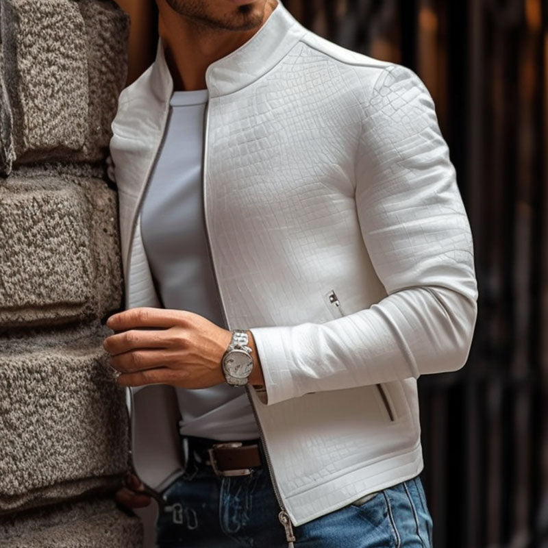 Slim fit leren jas met stenen patroon, opstaande kraag en rits voor heren