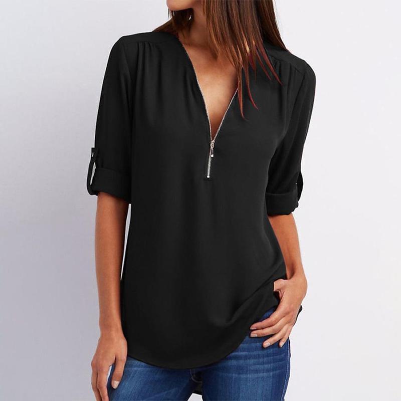 Johanna - Casual Blouse met Ritssluiting en Korte Mouwen