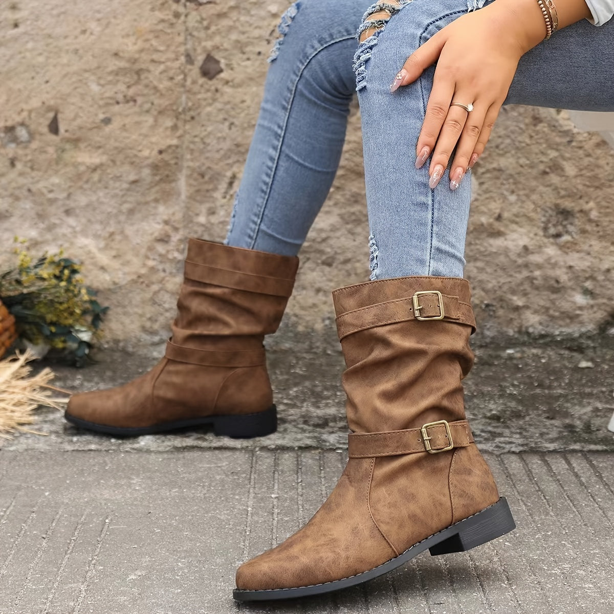 Sarah - Platte Slouchy Buckle Enkellaarsjes voor Dames