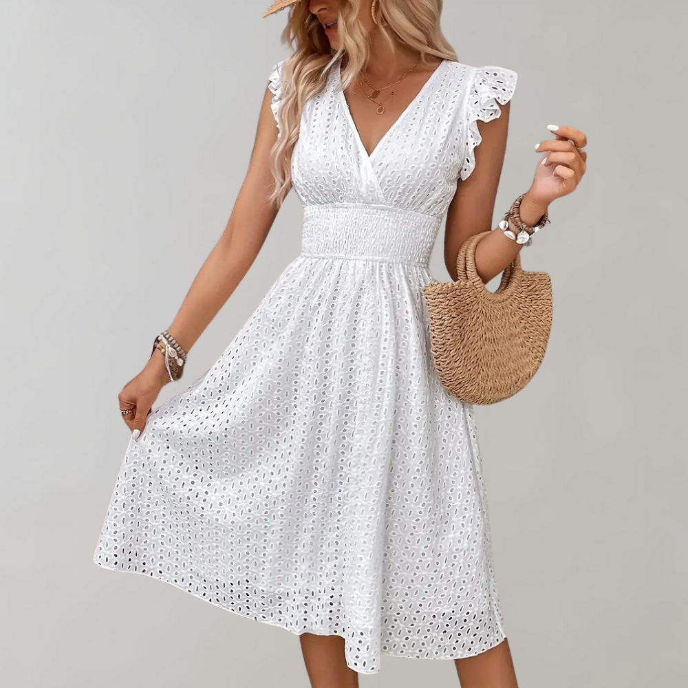 Paulina - Elegant Jurk met Ruches en Korte Mouw
