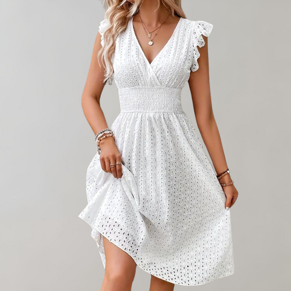 Paulina - Elegant Jurk met Ruches en Korte Mouw