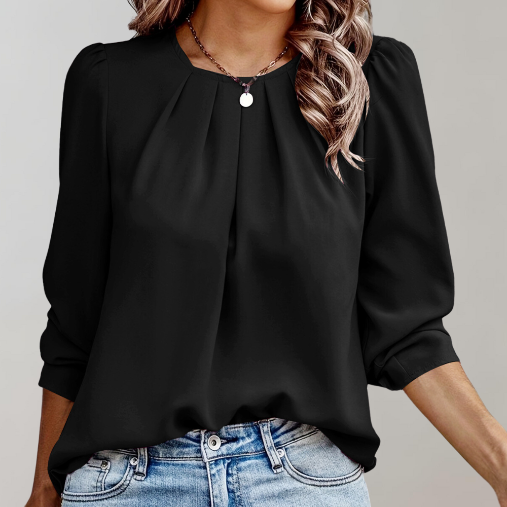 Geplooide blouse met pofmouwen - Elegante retro-werkkledingtop voor dames