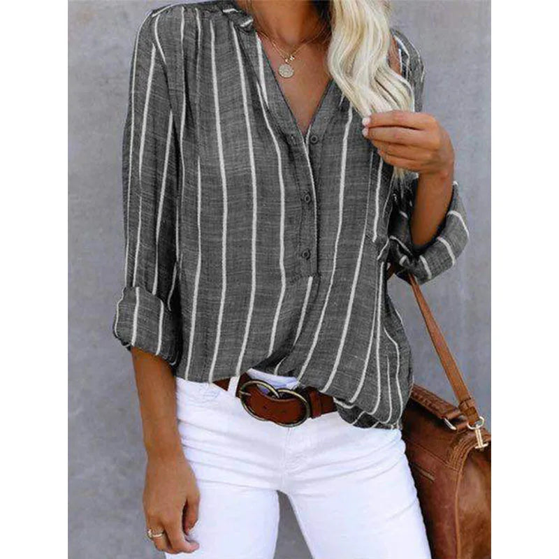 Eline - Gestreepte Blouse met V-Hals en Knoopjes