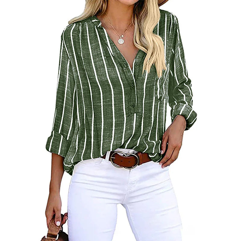 Eline - Gestreepte Blouse met V-Hals en Knoopjes