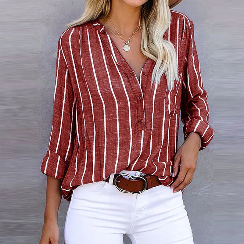 Eline - Gestreepte Blouse met V-Hals en Knoopjes