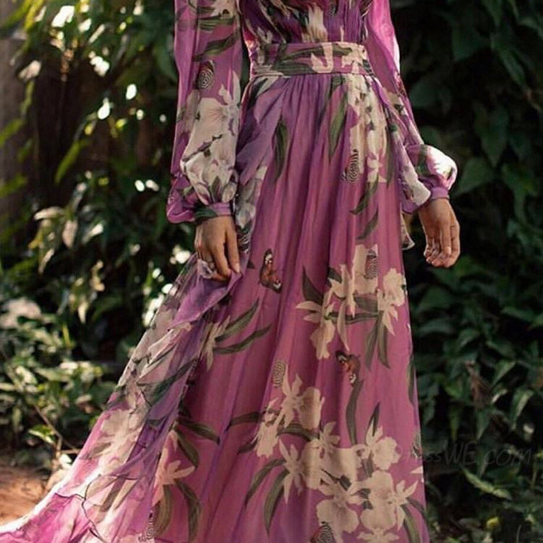 Geraffineerde en elegante maxi-jurk met bloemenprint, V-hals en lange mouwen